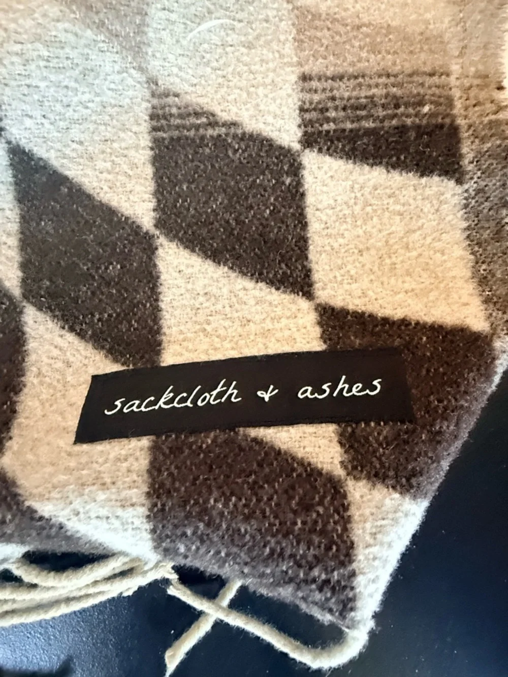Checkerboard Fringe Blanket Throw in Brown and Cream
